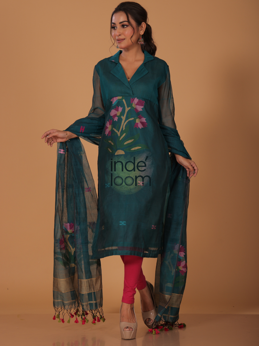 Slate Teal | Handloom Jamdani Muslin Unstitched 2-Piece Kurti | Classic Design