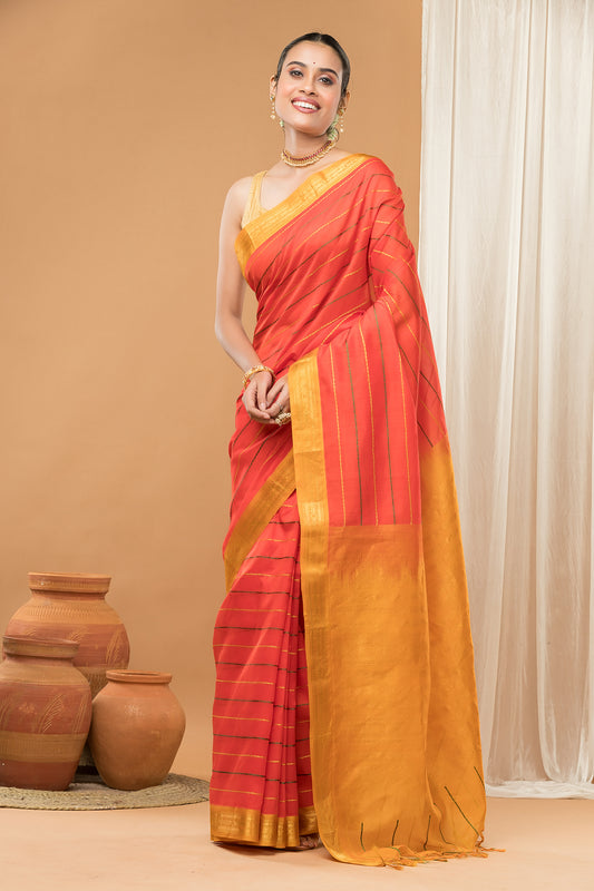 Handloom Korvai Cotton Silk Saree | Burnt Orange