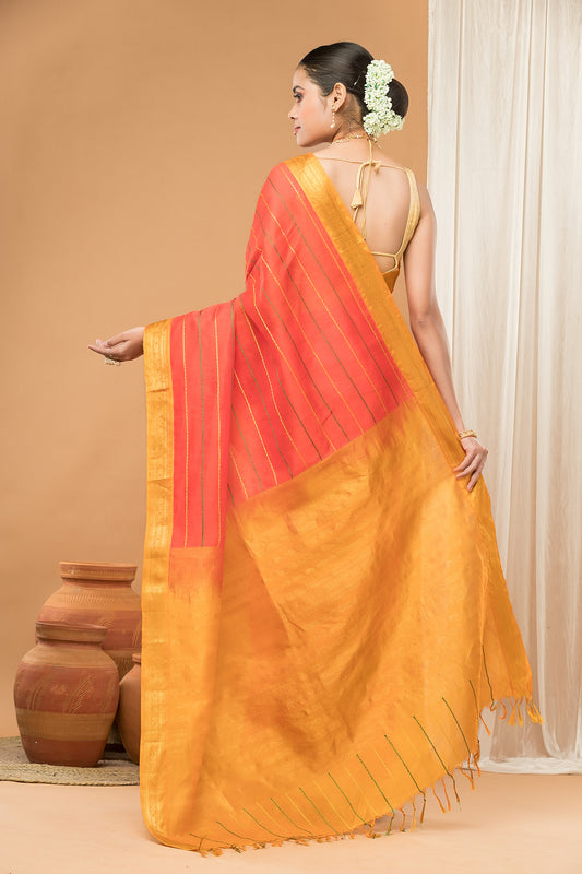 Handloom Korvai Cotton Silk Saree | Burnt Orange