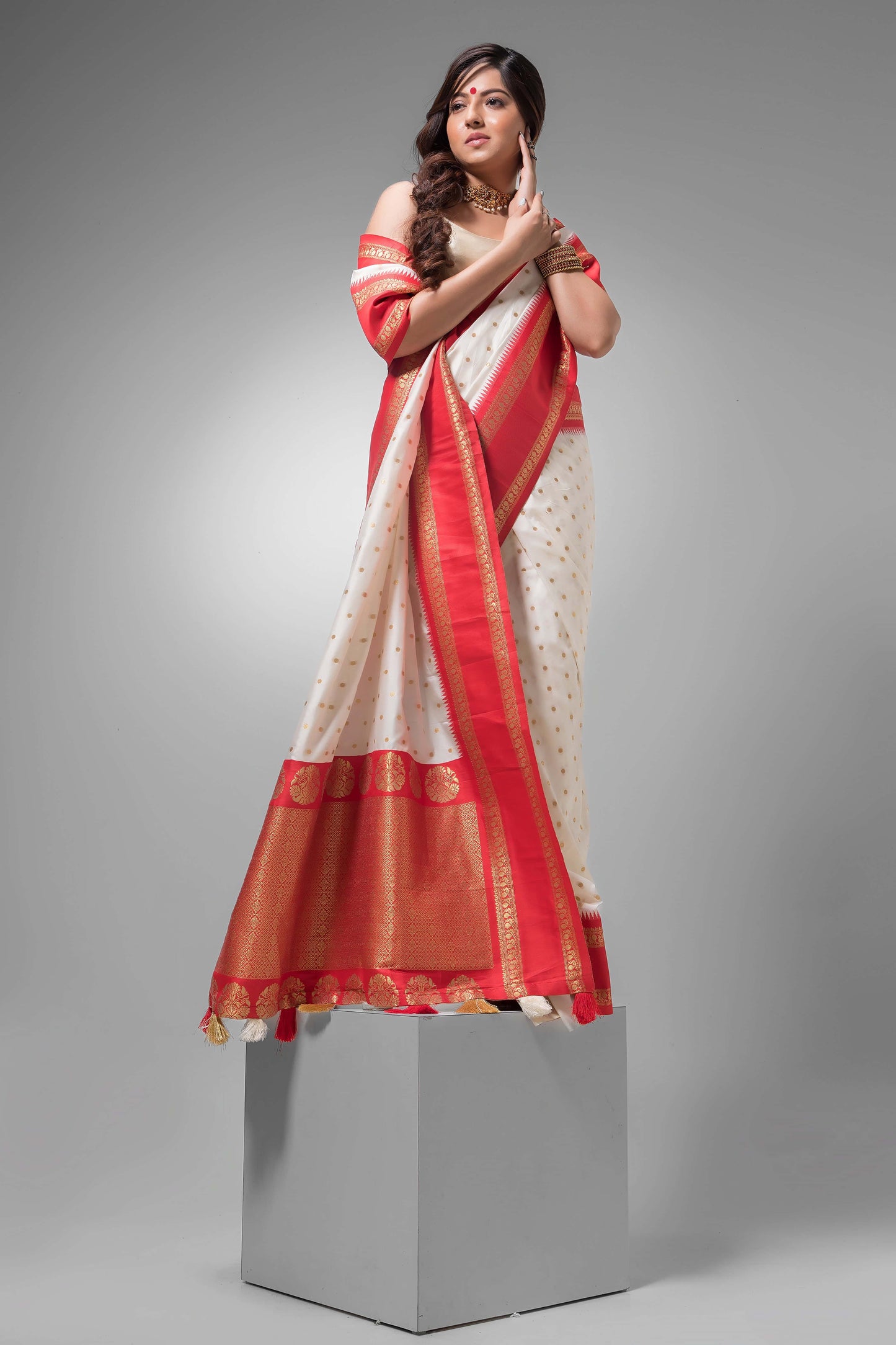 Durga Puja Saree with Pure White and Silk Pallu-042 - indeloom