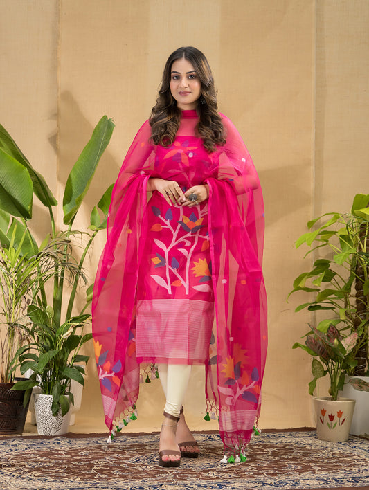 Cerise Pink | Handloom Jamdani Muslin Unstitched 2-Piece Kurti | Tantuj Design