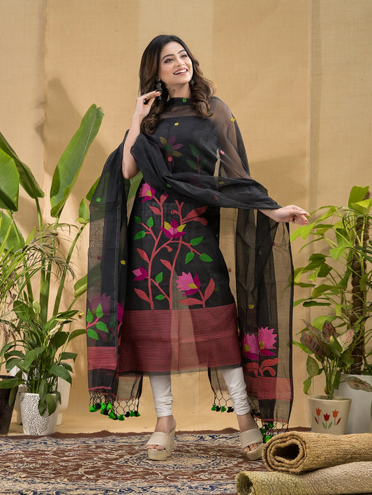 Deep Black | Handloom Jamdani Muslin Unstitched 2-Piece Kurti | Tantuj Design