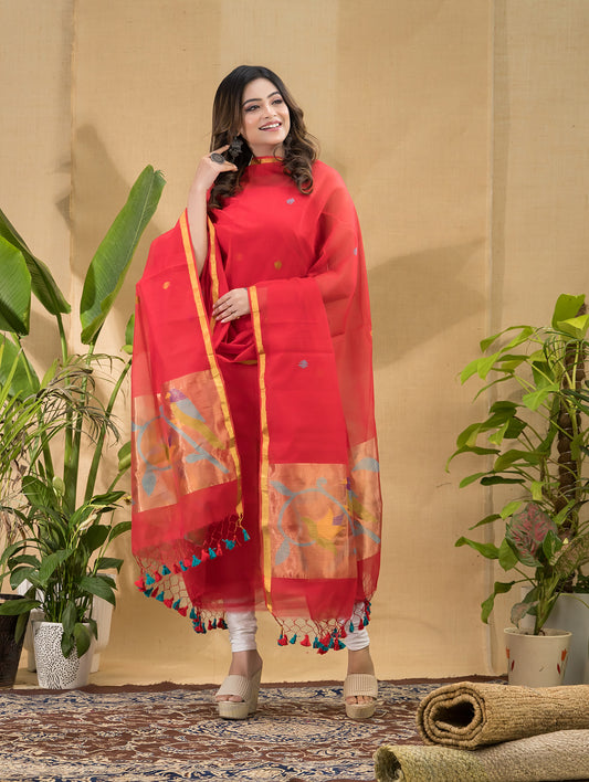 Cherry Flame | Handloom Jamdani Muslin Unstitched 2-Piece Kurti | Paithani Design