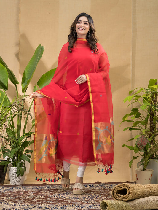 Cherry Flame | Handloom Jamdani Muslin Unstitched 2-Piece Kurti | Paithani Design