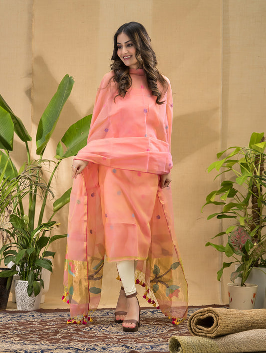 Flame Coral | Handloom Jamdani Muslin Unstitched 2-Piece Kurti | Paithani Design