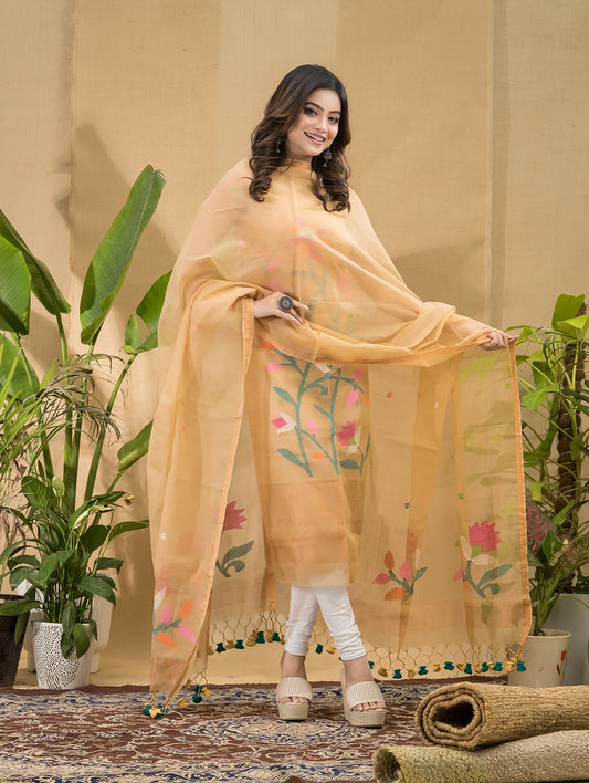 Wheat Beige | Handloom Jamdani Muslin Unstitched 2-Piece Kurti | Tantuj Design