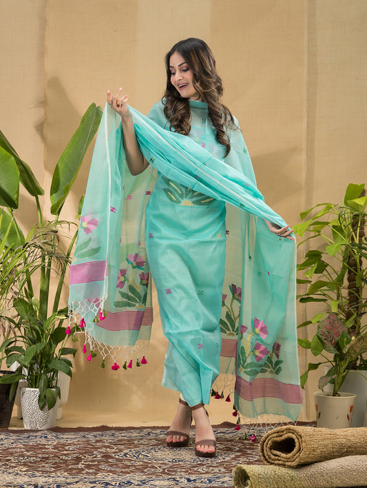 Aquamarine Green | Handloom Jamdani Muslin Unstitched 2-Piece Kurti | Classic Design