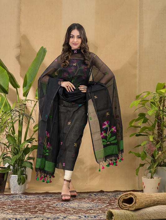 Deep Black | Handloom Jamdani Muslin Unstitched 2-Piece Kurti | Classic Design