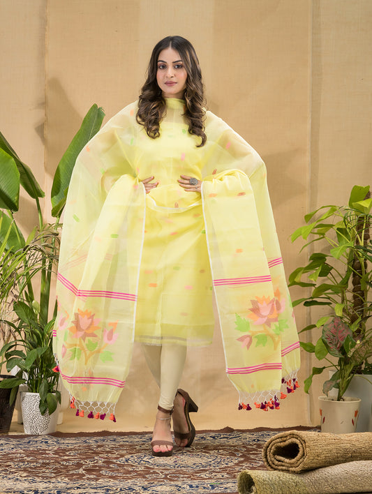 Pale Yellow | Handloom Jamdani Muslin Unstitched 2-Piece Kurti | Tantuj Design