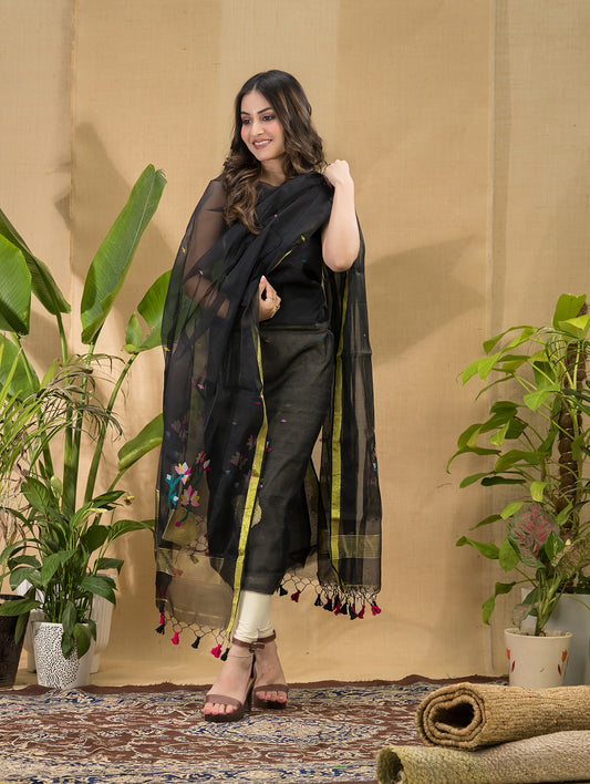 Deep Black | Handloom Jamdani Muslin Unstitched 2-Piece Kurti