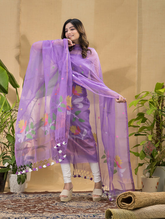 Amethyst Lavender | Handloom Jamdani Muslin Unstitched 2-Piece Kurti | Tantuj Design
