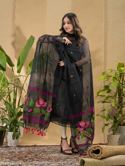 Deep Black | Handloom Jamdani Muslin Unstitched 2-Piece Kurti | Tantuj Design