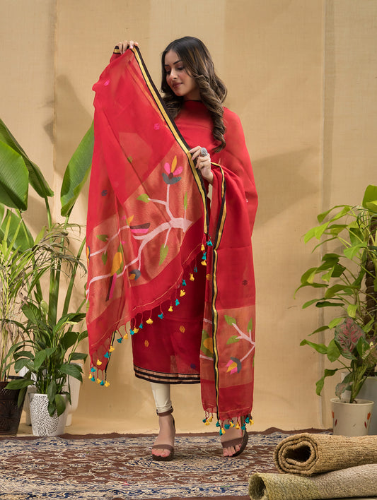 Vermilion Red | Handloom Jamdani Linen Unstitched 2-Piece Kurti | Paithani Design