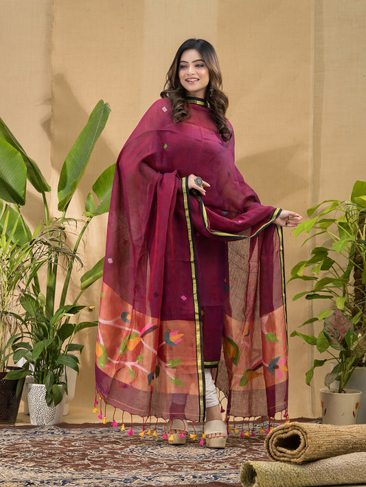Wine Plum | Handloom Jamdani Linen Unstitched 2-Piece Kurti | Paithani Design