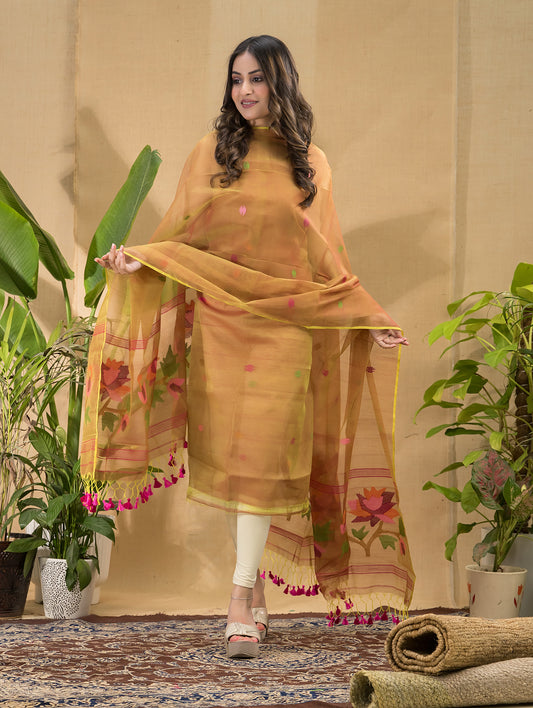 Antique Gold | Handloom Jamdani Muslin Unstitched 2-Piece Kurti | Tantuj Design