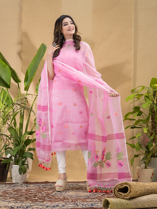 Rose Pink | Handloom Jamdani Muslin Unstitched 2-Piece Kurti | Tantuj Design