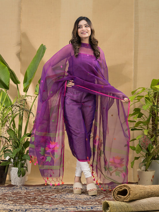 Royal Amethyst | Handloom Jamdani Muslin Unstitched 2-Piece Kurti | Tantuj Design