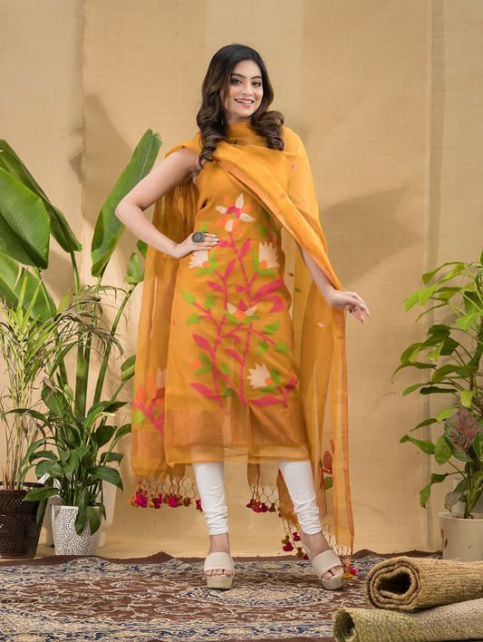 Marigold Gold | Handloom Jamdani Muslin Unstitched 2-Piece Kurti | Tantuj Design