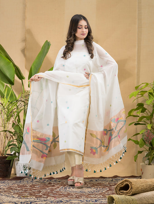 Pure White | Handloom Jamdani Muslin Unstitched 2-Piece Kurti | Paithani Design