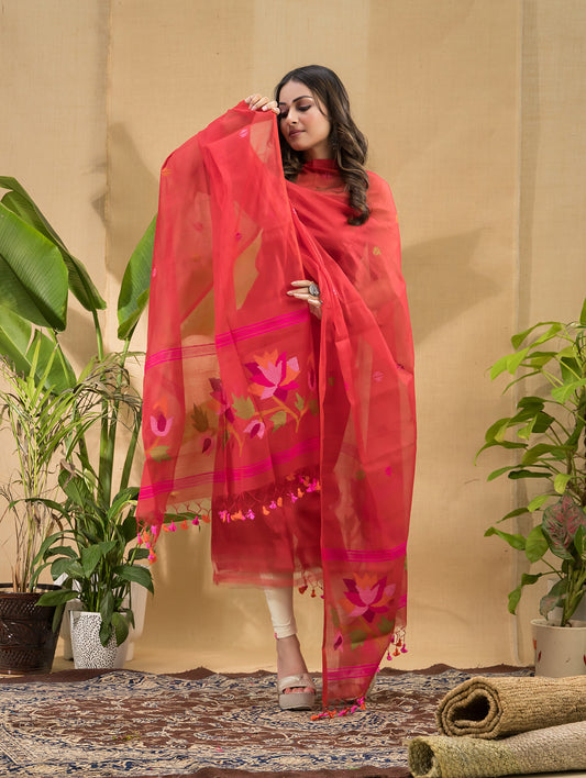 Cherry Flame | Handloom Jamdani Muslin Unstitched 2-Piece Kurti | Tantuj Design