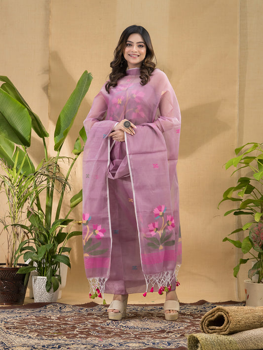 Pastel Rose | Handloom Jamdani Muslin Unstitched 2-Piece Kurti | Classic Design