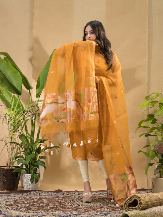 Amber Gold | Handloom Jamdani Muslin Unstitched 2-Piece Kurti | Paithani Design