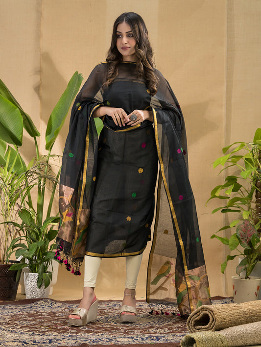 Deep Black | Handloom Jamdani Muslin Unstitched 2-Piece Kurti | Paithani Design