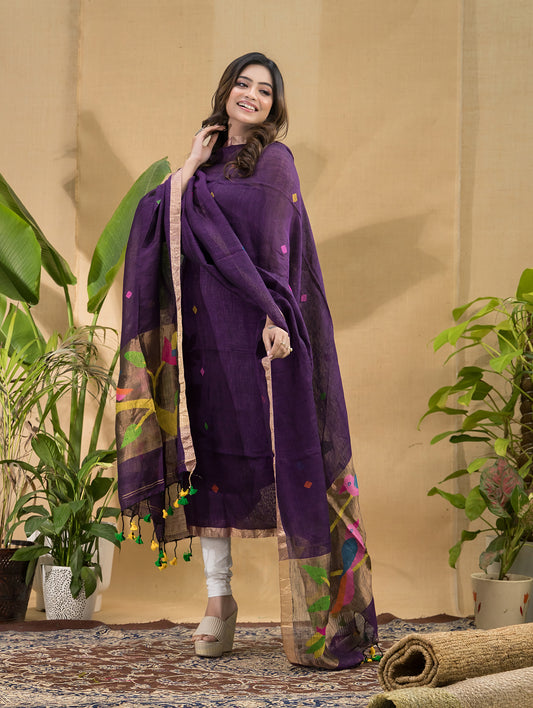 Deep Purple | Handloom Jamdani Linen Unstitched 2-Piece Kurti | Paithani Design