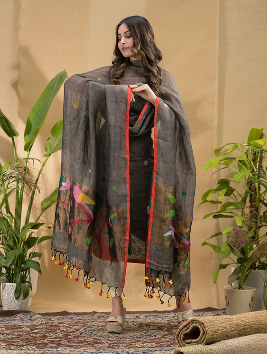 Dark Grey | Handloom Jamdani Linen Unstitched 2-Piece Kurti