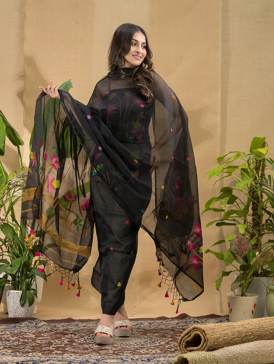 Deep Black | Handloom Jamdani Muslin Unstitched 2-Piece Kurti | Classic Design