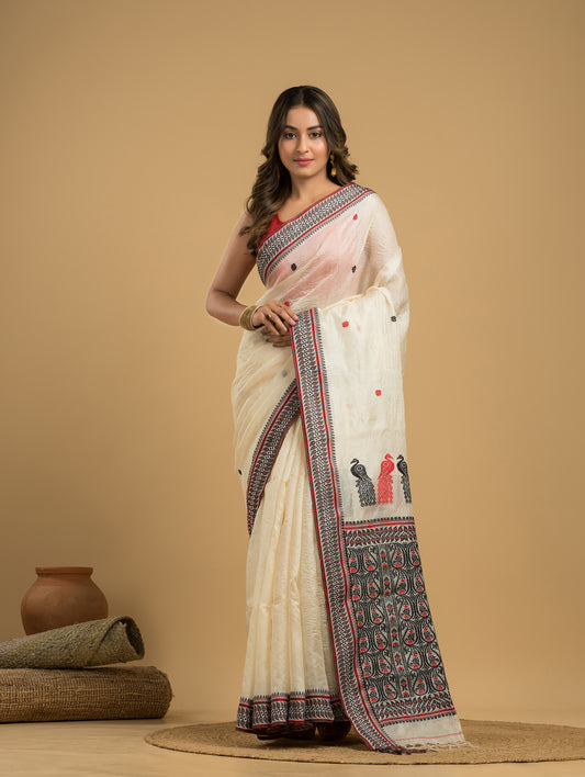 Tussar Silk Jamdani Saree With Cream White - 030