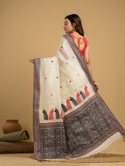 Tussar Silk Jamdani Saree With Cream White - 030