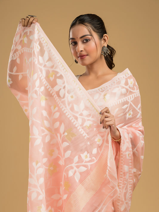 Cotton Silk Jamdani Saree With Light Pink - 023