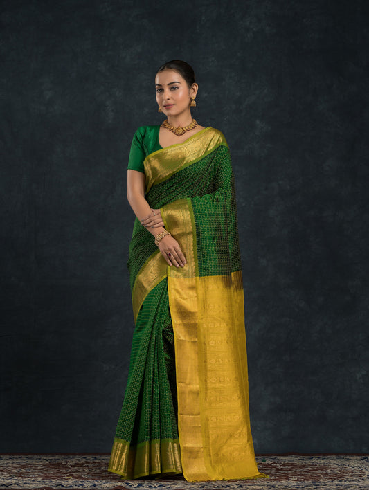 Pure Handloom Korvai Saree | Leaf Green and Gold