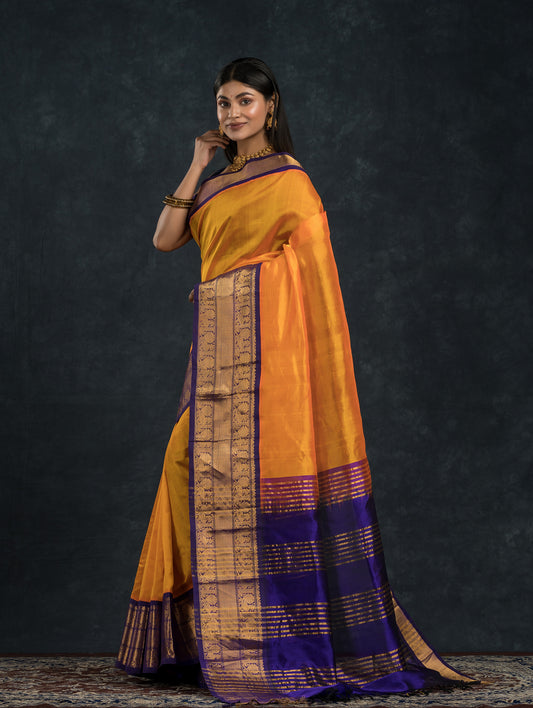 Pure Handloom Korvai Saree | Golden Yellow and Golden Purple