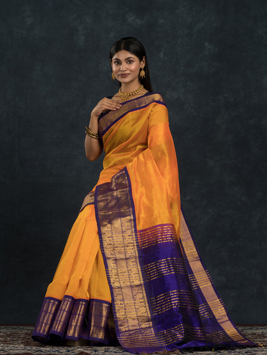 Pure Handloom Korvai Saree | Golden Yellow and Golden Purple