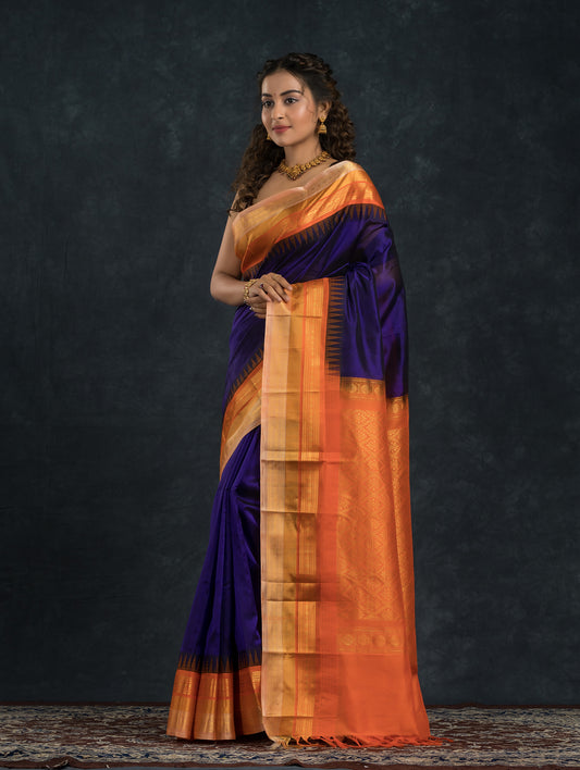 Pure Handloom Korvai Saree | Wine Purple and Orange Border | Temple Border