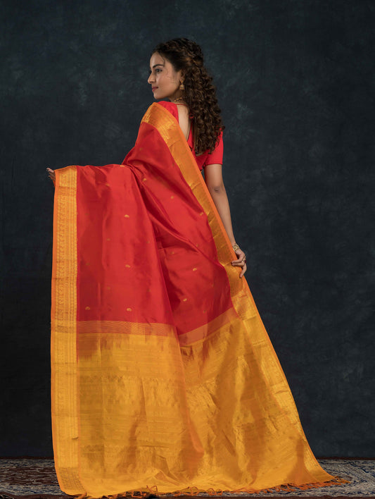 Handloom Korvai Silk Cotton Saree | Classic Red