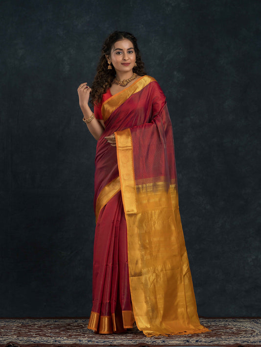 Handloom Korvai Silk Cotton Saree | Brick Red