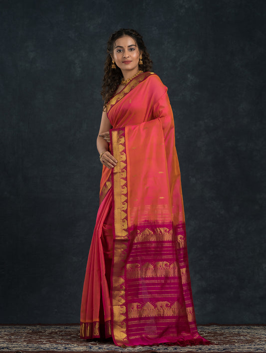 Handloom Korvai Silk Cotton Saree | Watermelon Pink