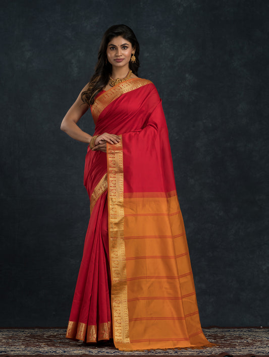 Handloom Korvai Silk Cotton Saree | Brick Red