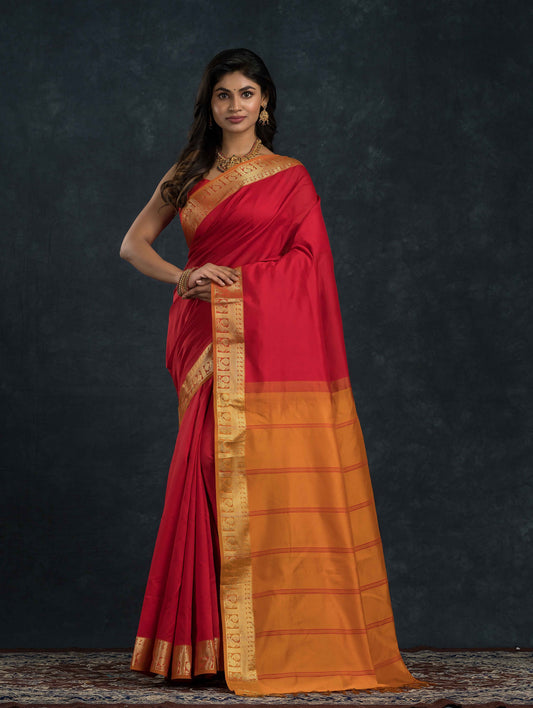 Handloom Korvai Silk Cotton Saree | Brick Red