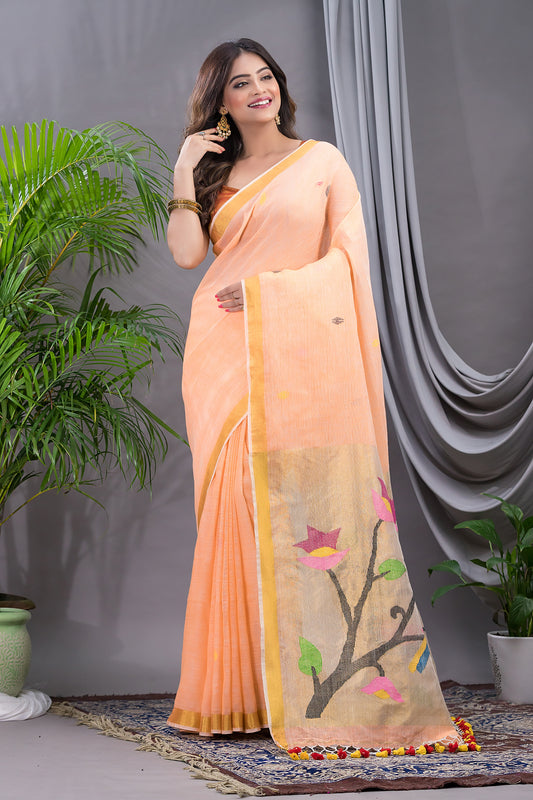 Handwoven Pure Jamdani Linen Saree | Peach Orange