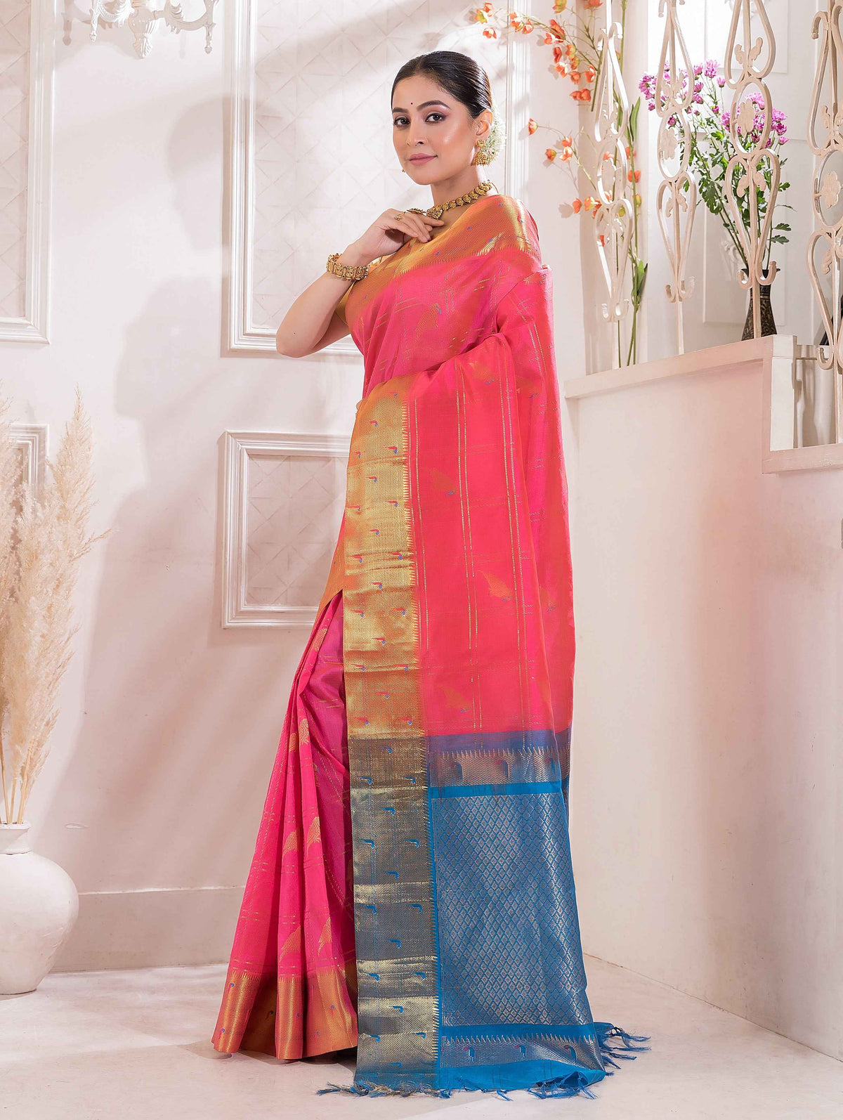 Handloom Korvai Silk Cotton Saree | Blush Pink