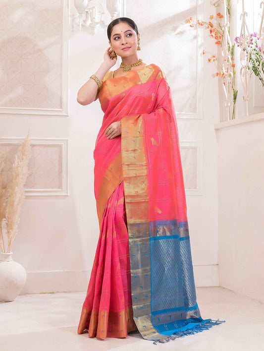 Handloom Korvai Silk Cotton Saree | Blush Pink