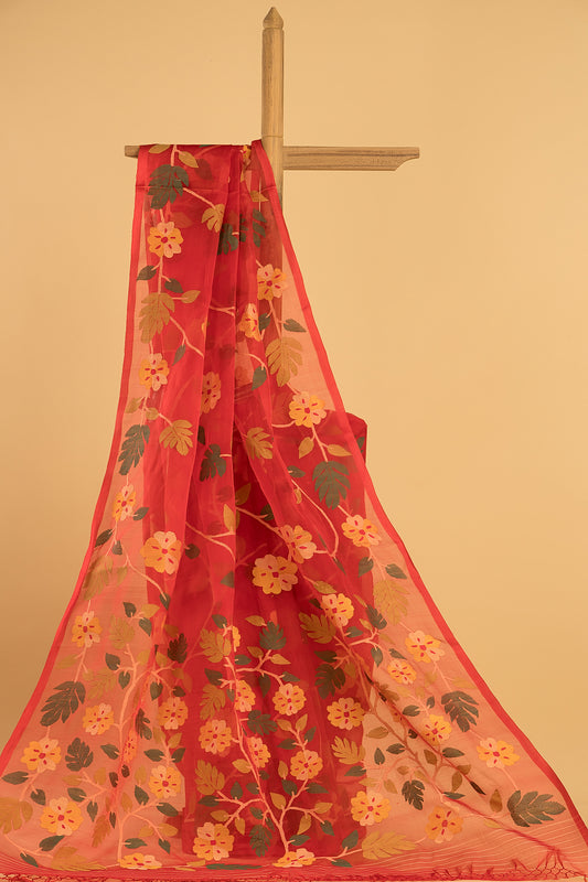 Hand Made Jamdani Saree With Classic Red - 050