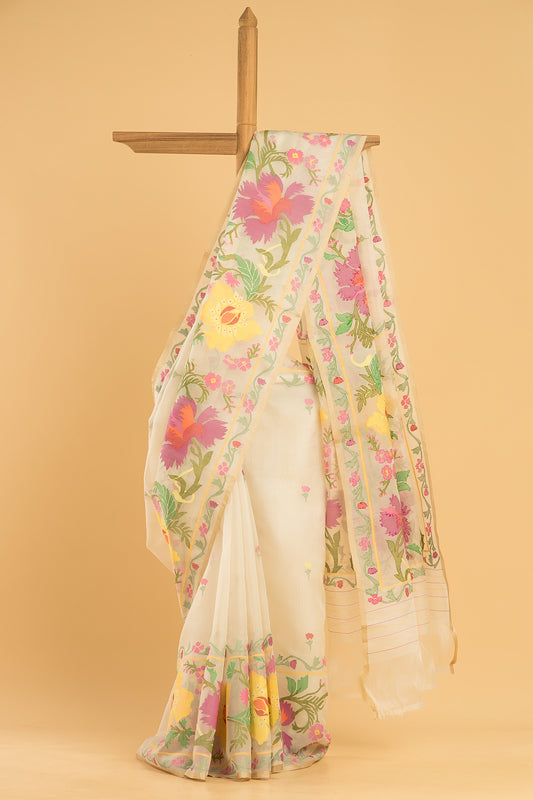Handwoven Pure Jamdani Muslin Saree | Cream Beige