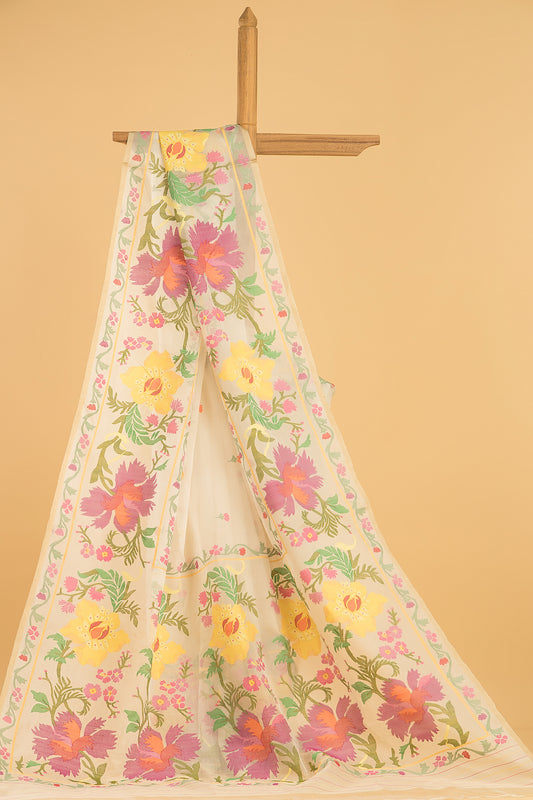 Handwoven Pure Jamdani Muslin Saree | Cream Beige