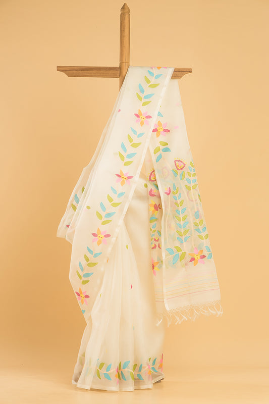 Hand Made Jamdani Saree With Snow White - 048