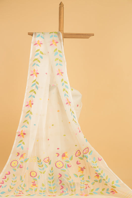Hand Made Jamdani Saree With Snow White - 048